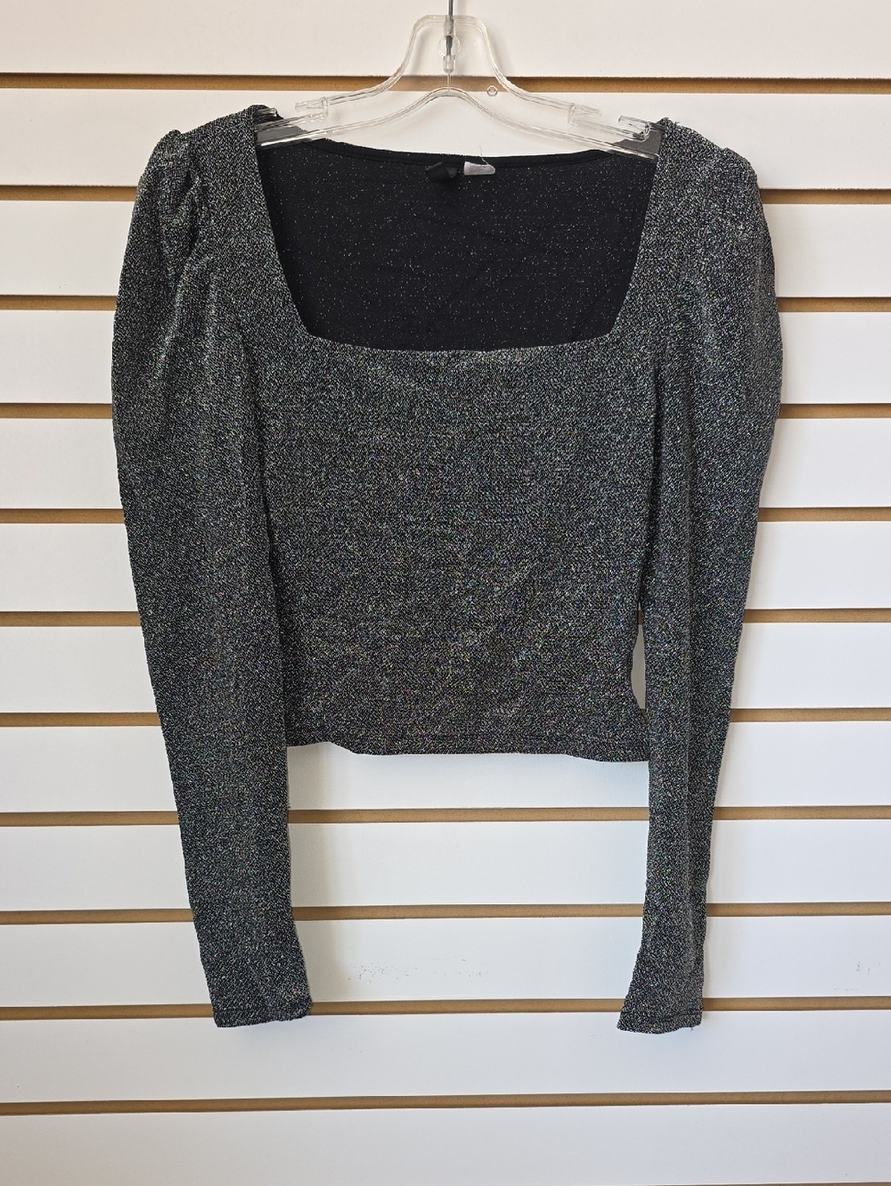Sparkle Square-Neck Long Sleeve Top in Black/Silver Med